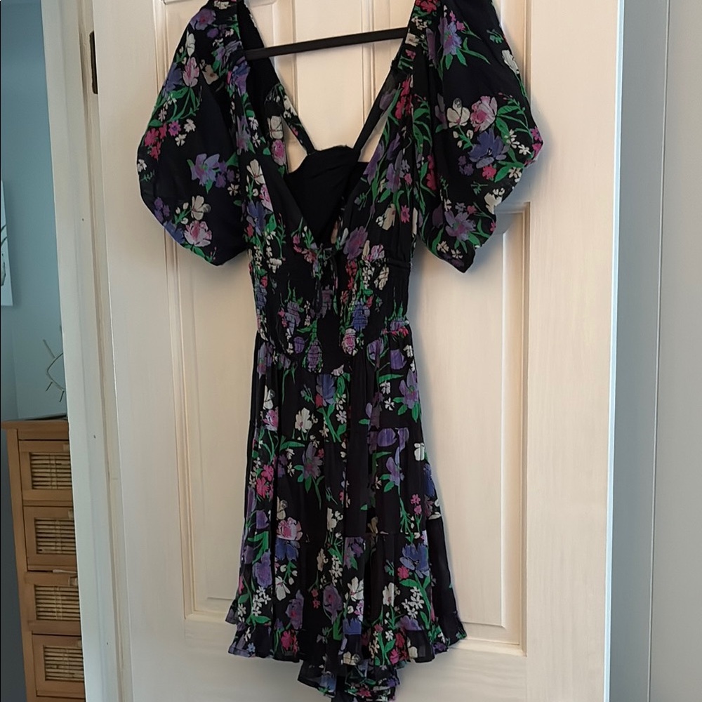 Free People Floral Black Dress with Puff Sleeves